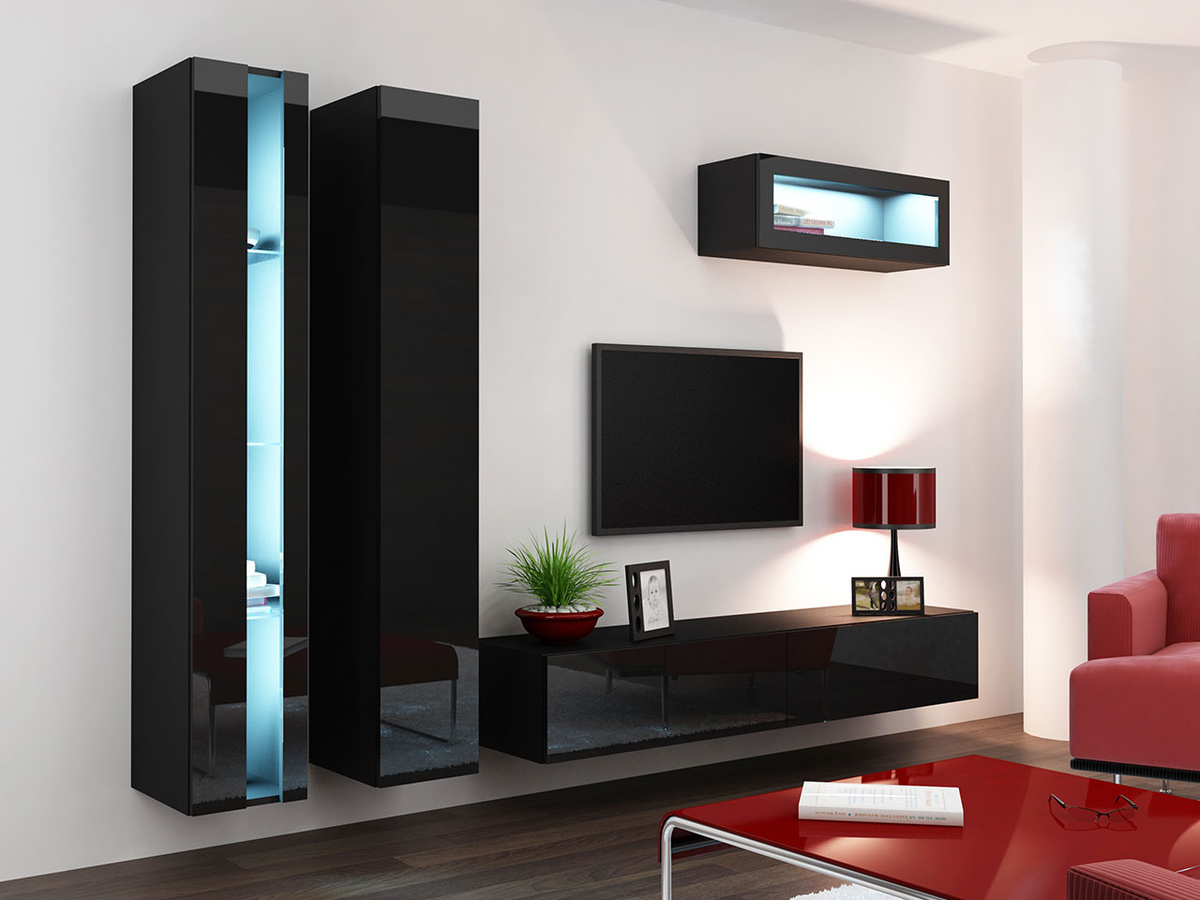 Svetainės komplektas Venenou 134 (Juoda + Blizgi juoda)