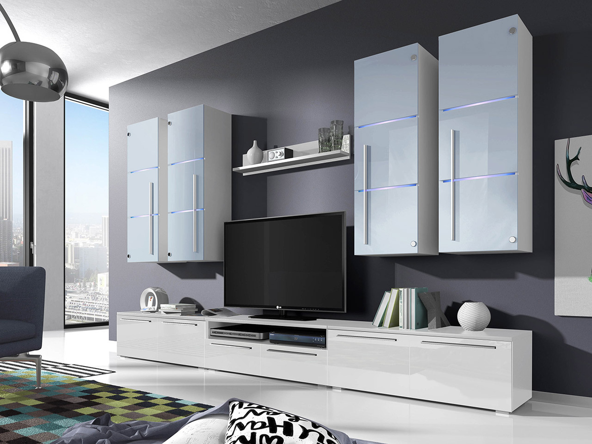 Svetainės komplektas Flos (Balta + Blizgi balta)