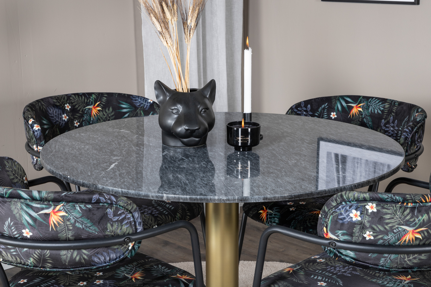 Valgomojo komplektas Dallas 1208 (Gėlių raštas + Juoda)