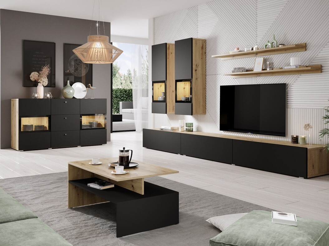 Svetainės komplektas Serodeu 104 (Artisan ąžuolas + Matinė juoda)