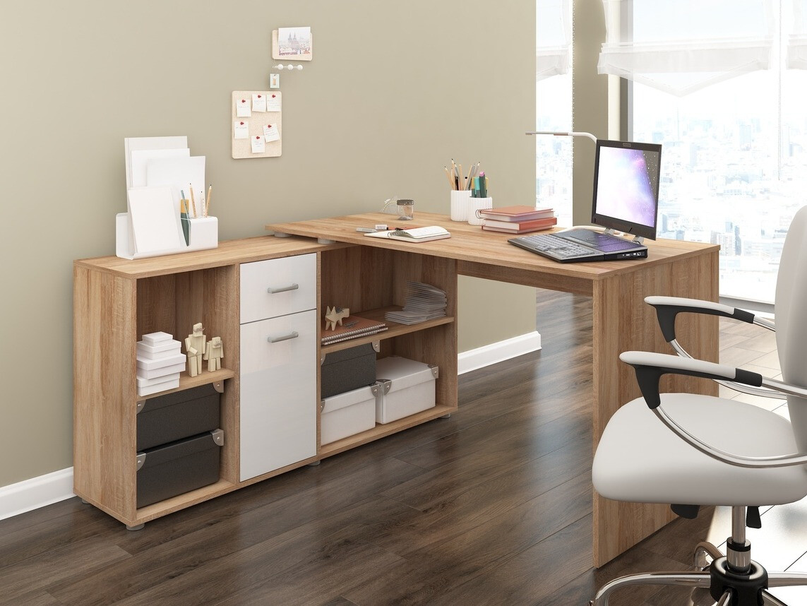 Kampinis darbo stalas Gilroy 113 (Sonomos ąžuolas + Blizgi balta)