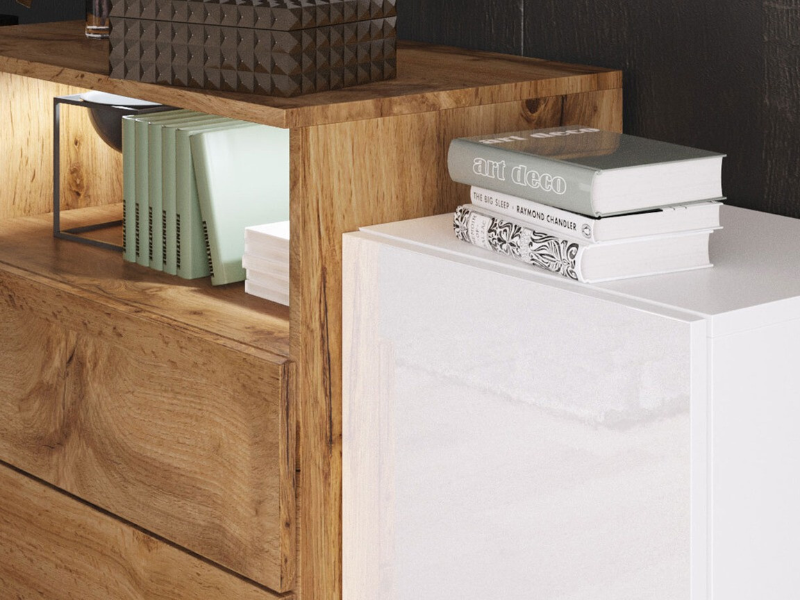 Komoda Sarasota 127 (Balta + Blizgi balta + Votan ąžuolas)