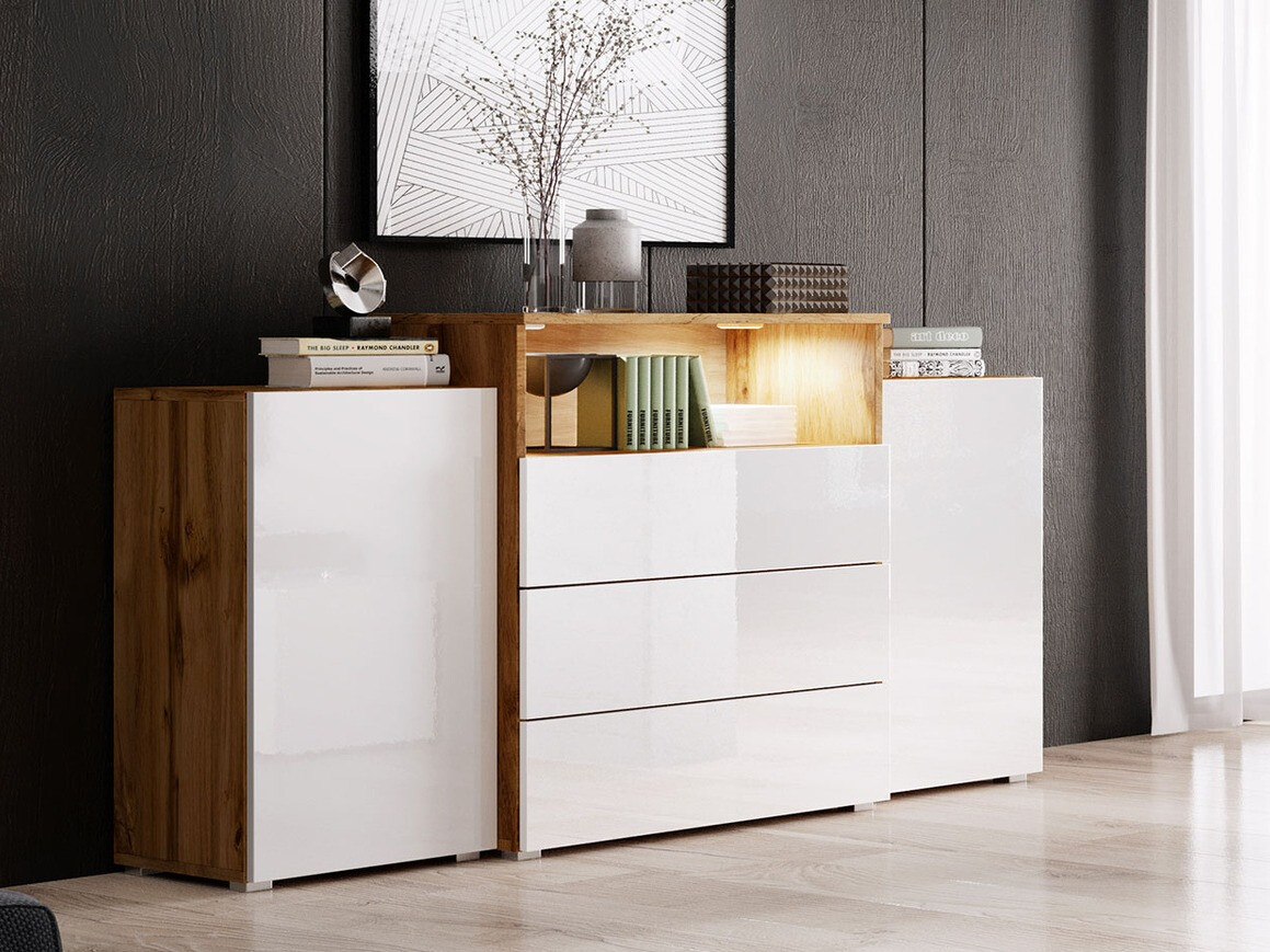 Komoda Sarasota 127 (Votan ąžuolas + Blizgi balta)