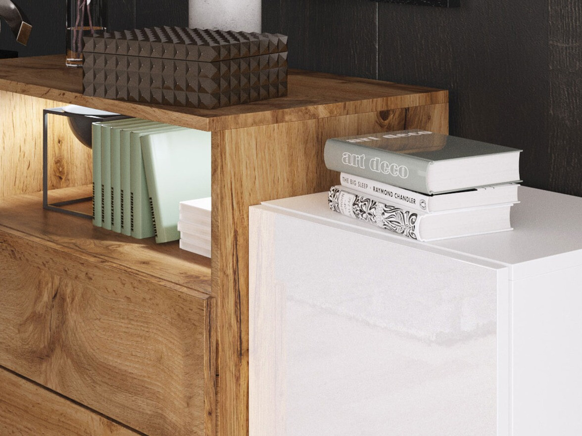 Komoda Sarasota 127 (Votan ąžuolas + Blizgi balta)