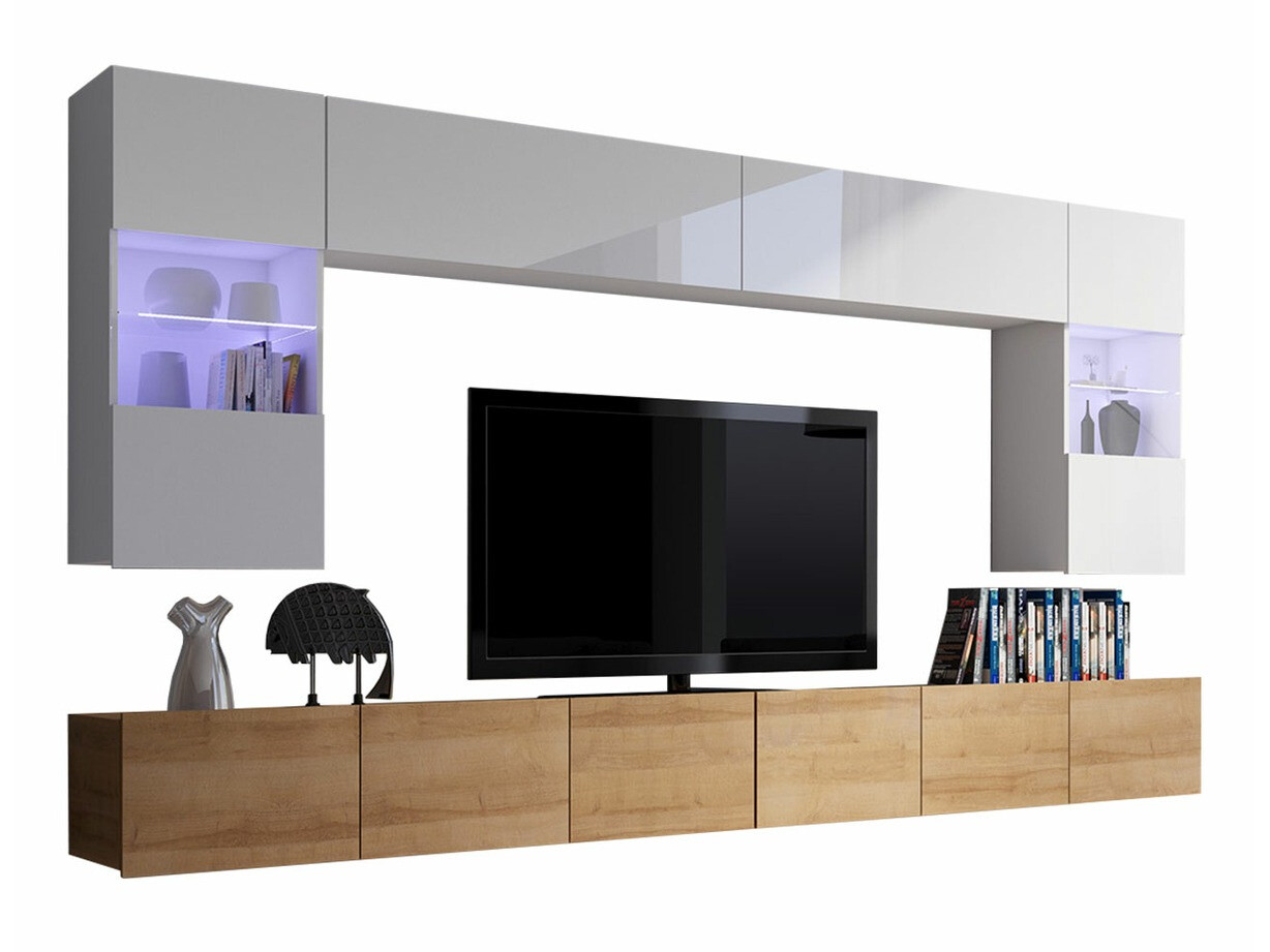 Svetainės komplektas Remus I (Auksinis ąžuolas + Balta + Blizgi balta)