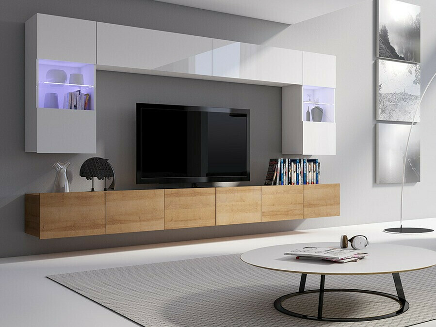 Svetainės komplektas Tivdalu 105 (Auksinis ąžuolas + Balta + Blizgi balta)