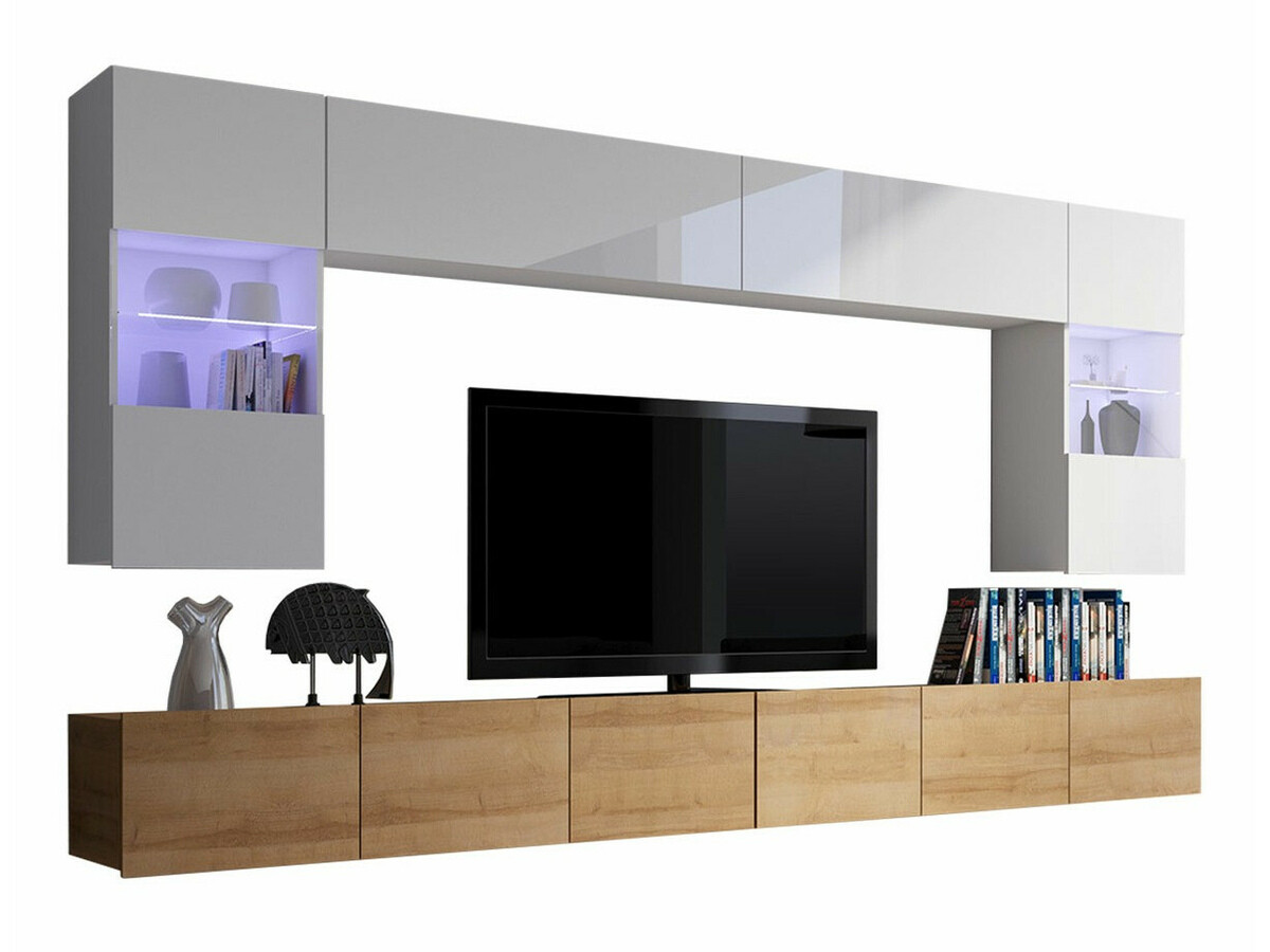 Svetainės komplektas Tivdalu 105 (Auksinis ąžuolas + Balta + Blizgi balta)