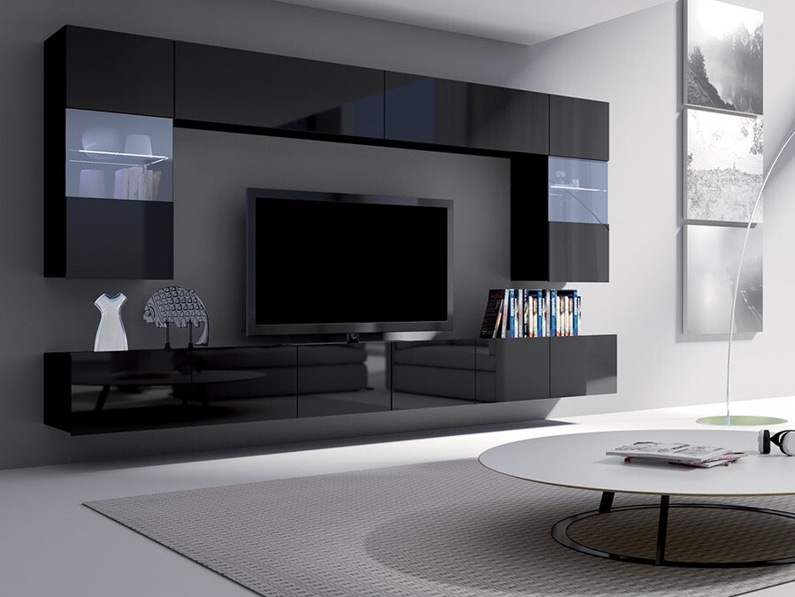 Svetainės komplektas Tivdalu 105 (Juoda + Blizgi juoda)