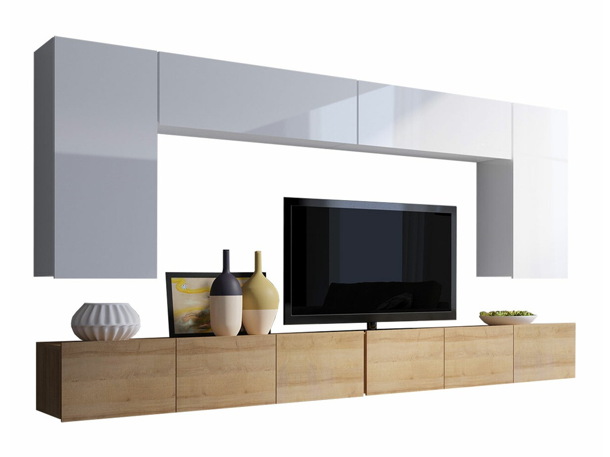 Svetainės komplektas Remus XIII (Auksinis ąžuolas + Balta + Blizgi balta)