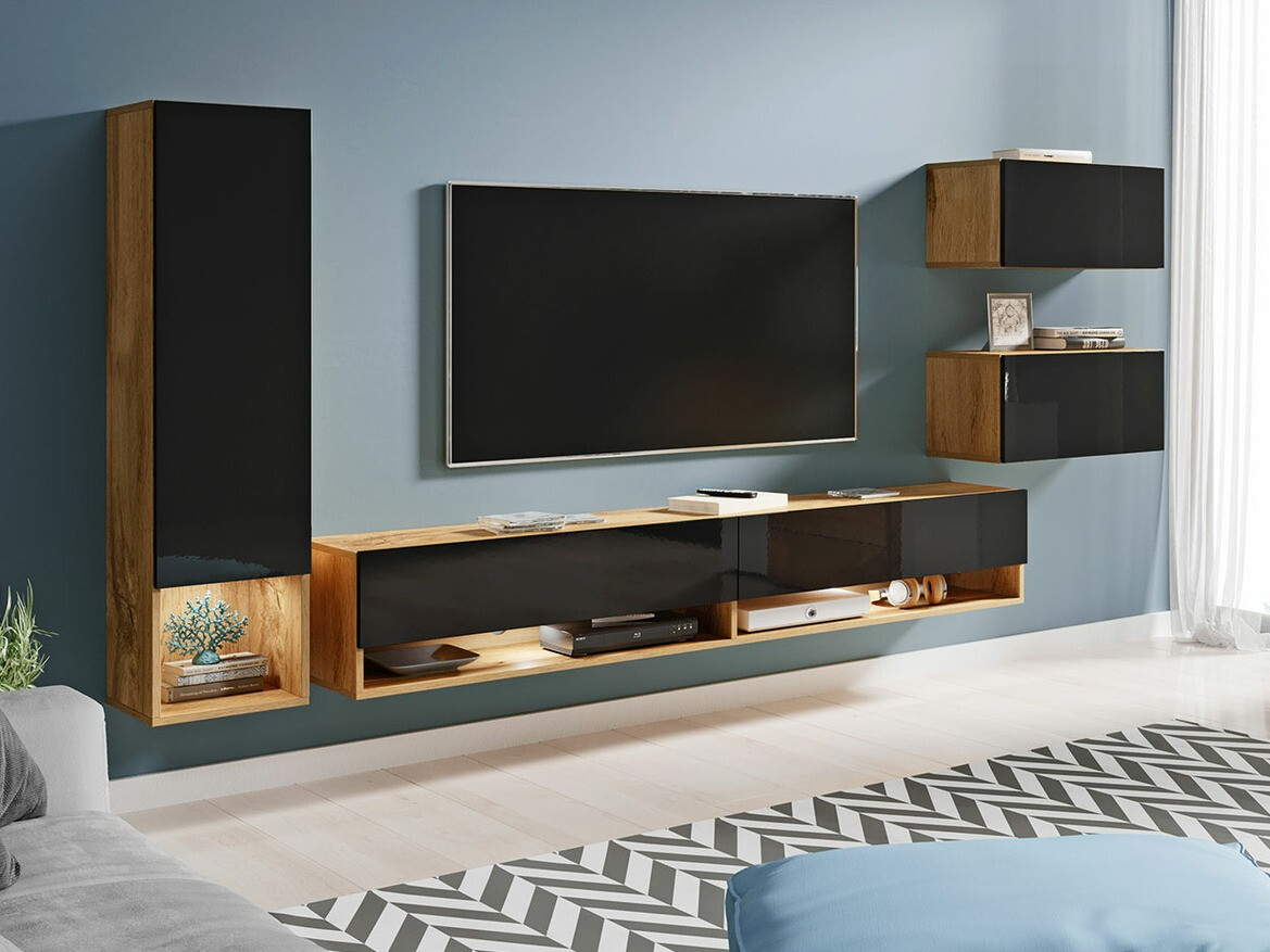 Svetainės komplektas Sarasota 124 (Votan ąžuolas + Blizgi juoda)