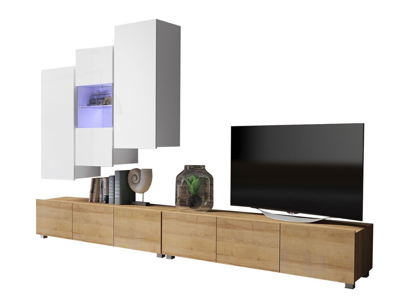 Svetainės komplektas Remus XVII (Auksinis ąžuolas + Balta + Blizgi balta)