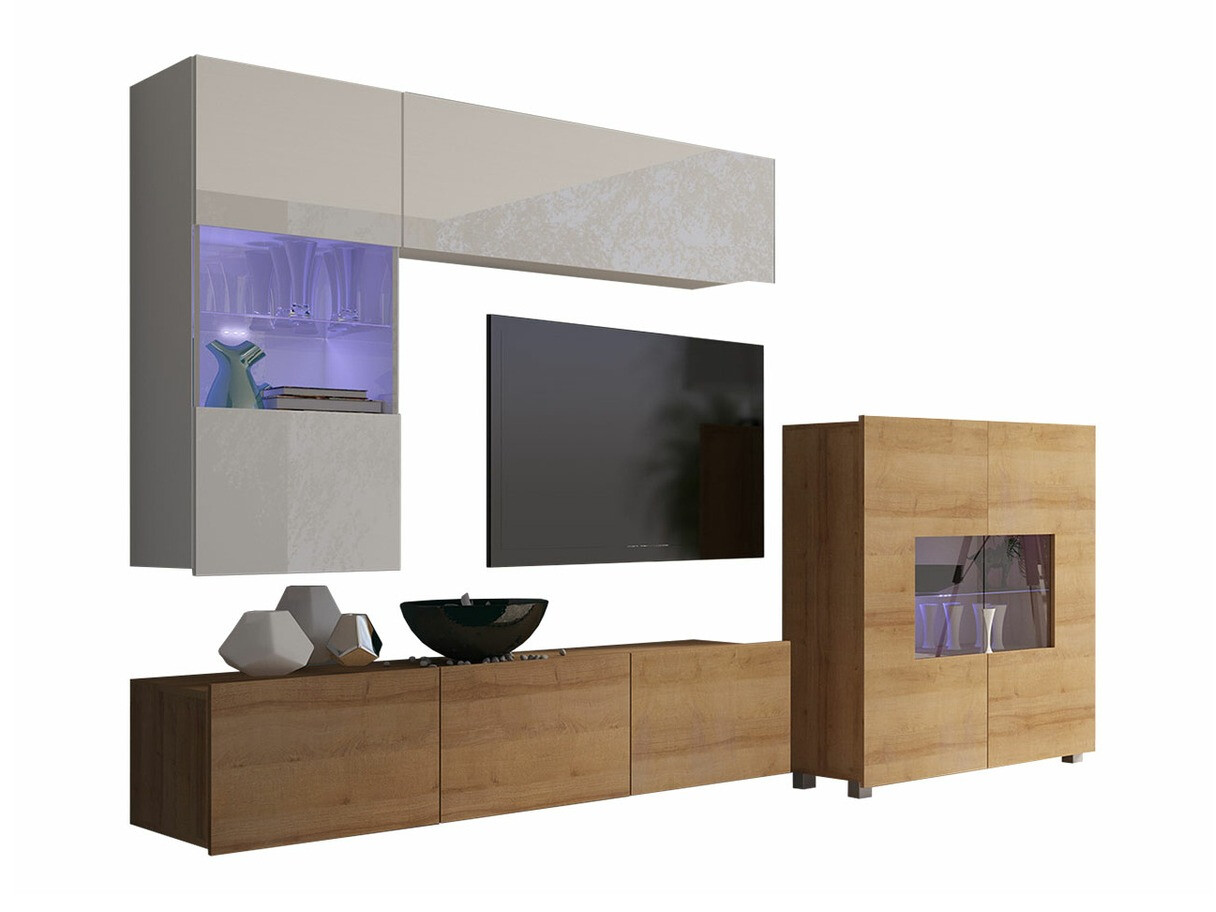 Svetainės komplektas Remus III (Auksinis ąžuolas + Balta + Blizgi balta)