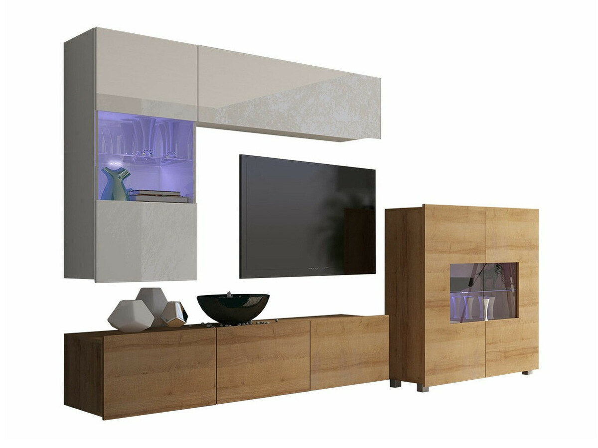 Svetainės komplektas Remus III (Auksinis ąžuolas + Balta + Blizgi balta)