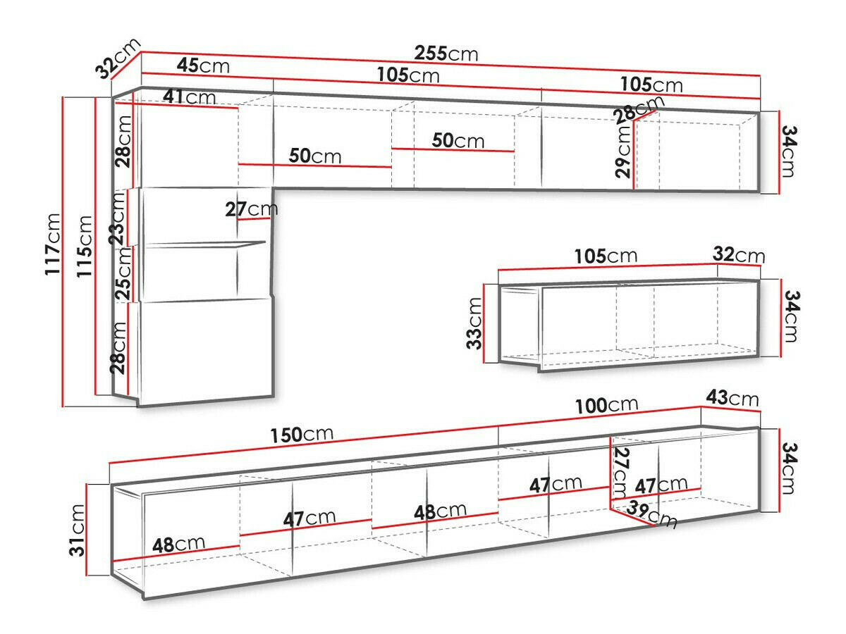 Svetainės komplektas Tivdalu 108 (Balta + Blizgi balta + Juoda + Blizgi juoda)