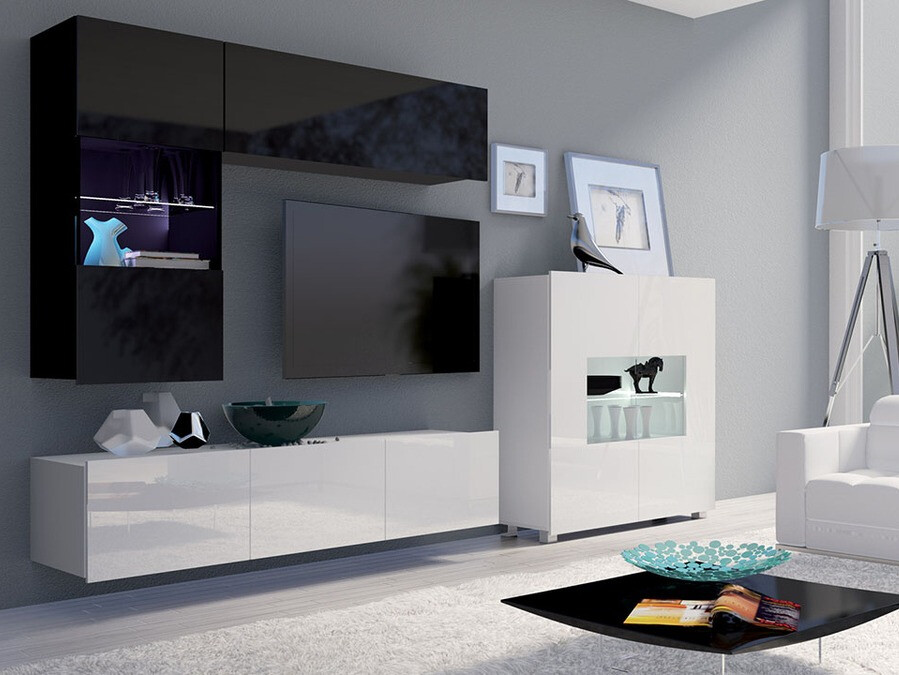 Svetainės komplektas Tivdalu 107 (Juoda + Blizgi juoda + Balta + Blizgi balta)