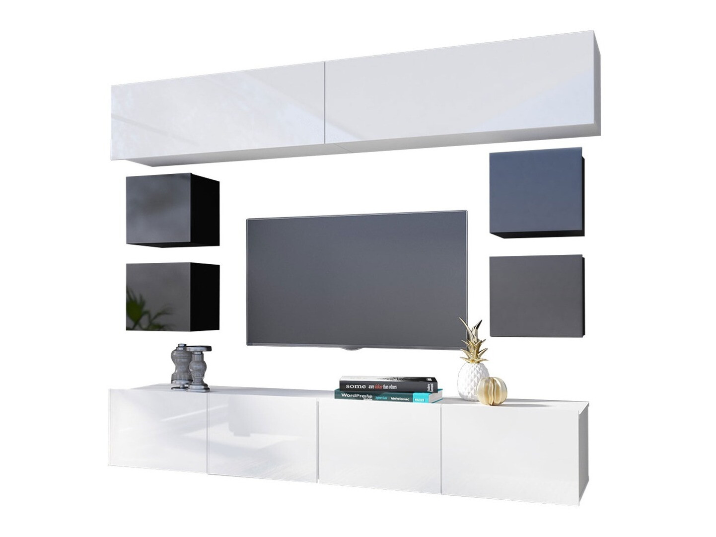 Svetainės komplektas Remus XVI (Juoda + Blizgi juoda + Balta + Blizgi balta)