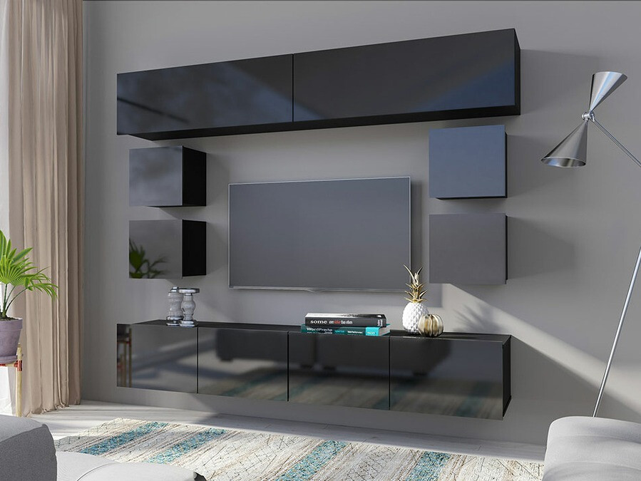 Svetainės komplektas Remus XVI (Juoda + Blizgi juoda)