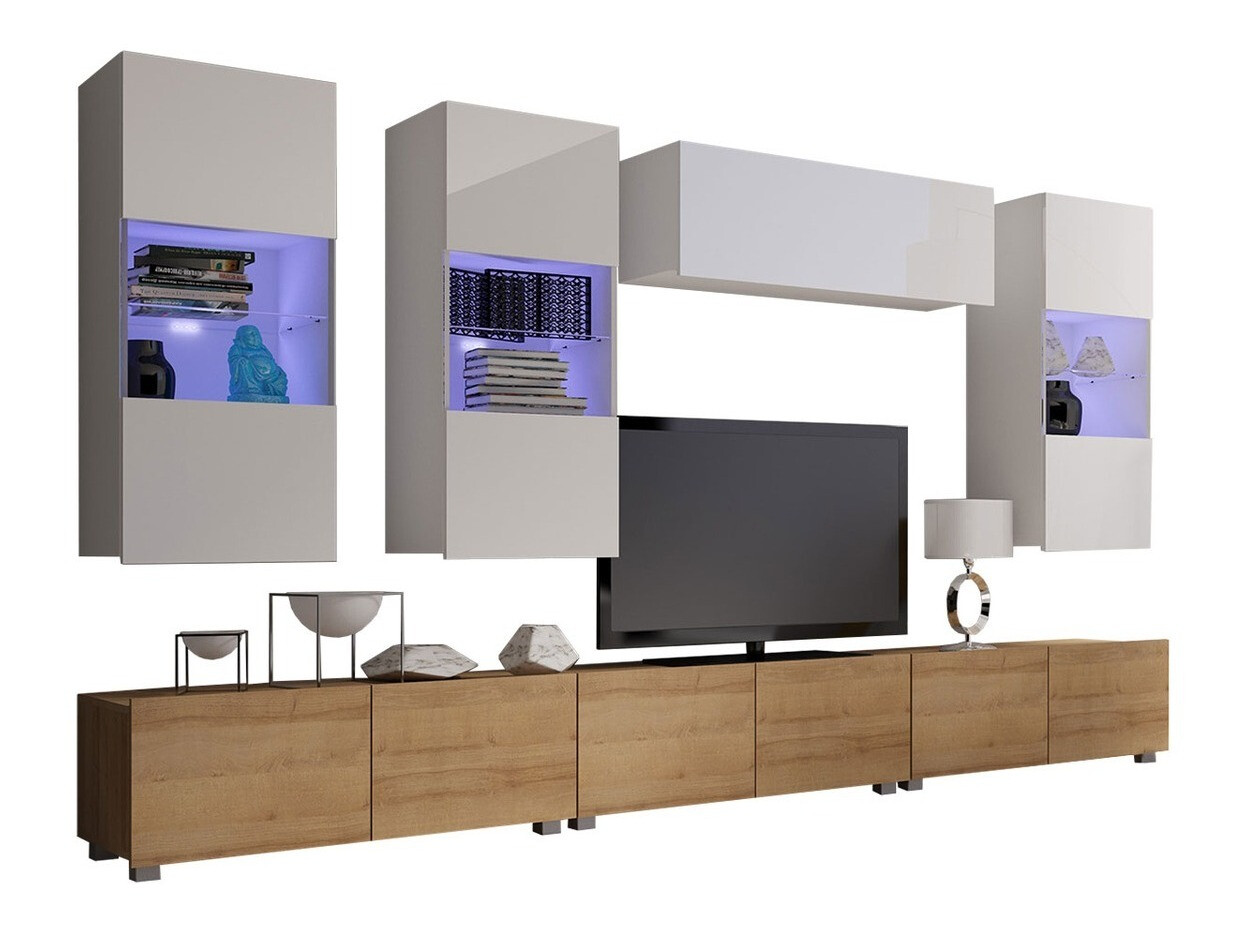 Svetainės komplektas Remus XI (Auksinis ąžuolas + Balta + Blizgi balta)