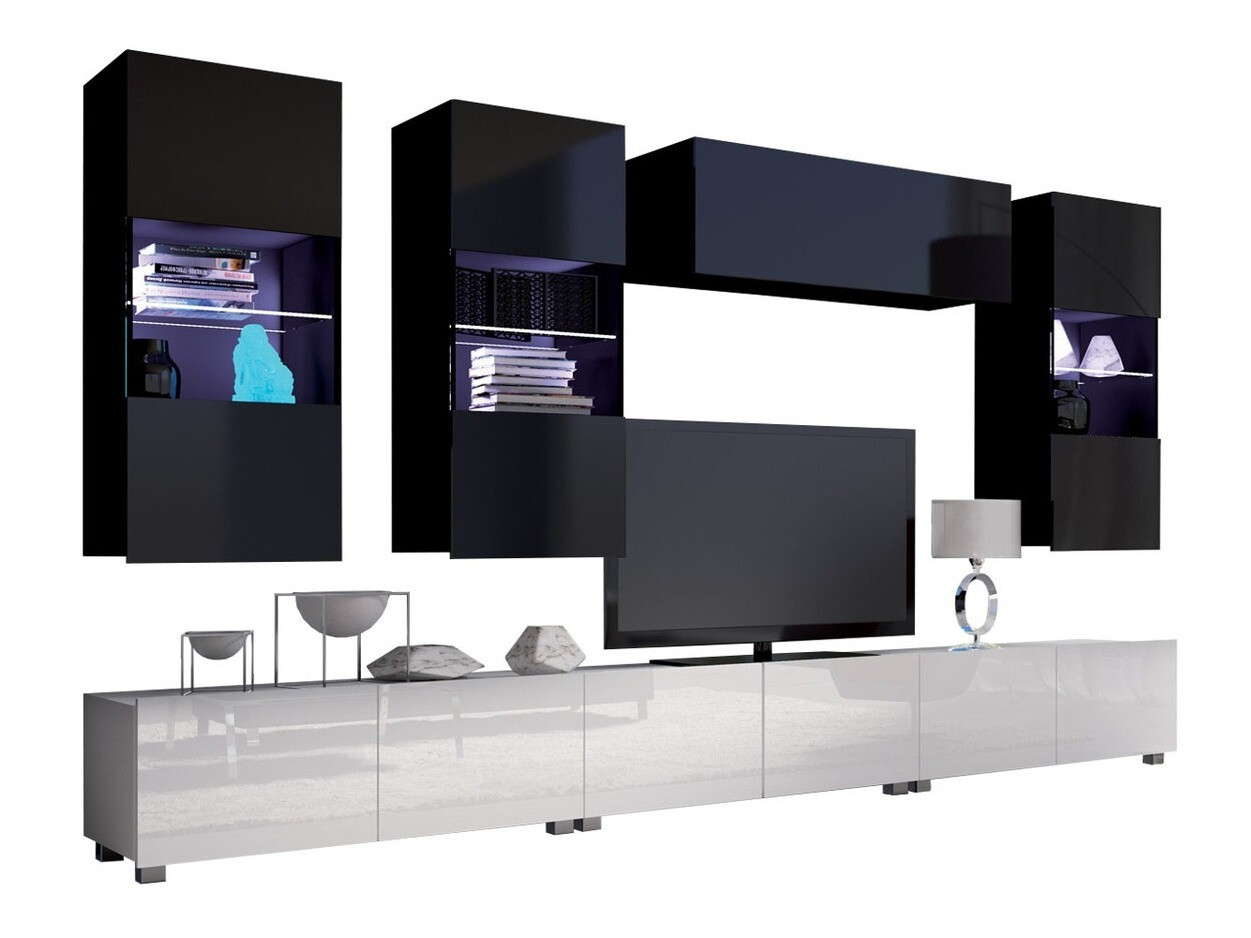 Svetainės komplektas Tivdalu 121 (Balta + Blizgi balta + Juoda + Blizgi juoda)