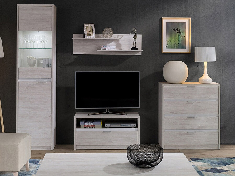 Svetainės komplektas Fivelbo 115 (Balintas ąžuolas + Blizgi balta)