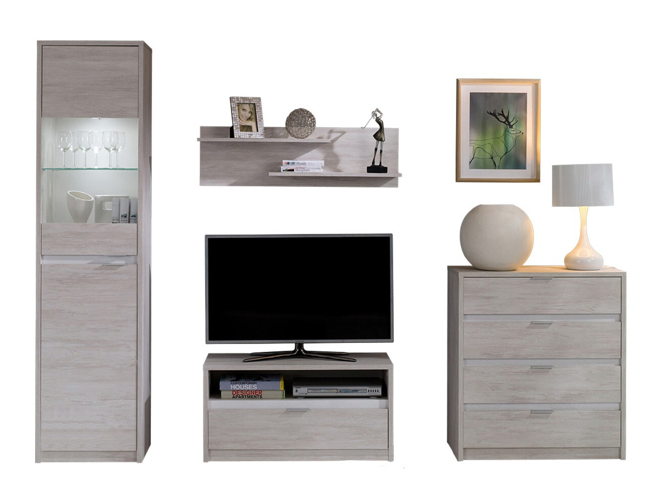 Svetainės komplektas Fivelbo 115 (Balintas ąžuolas + Blizgi balta)