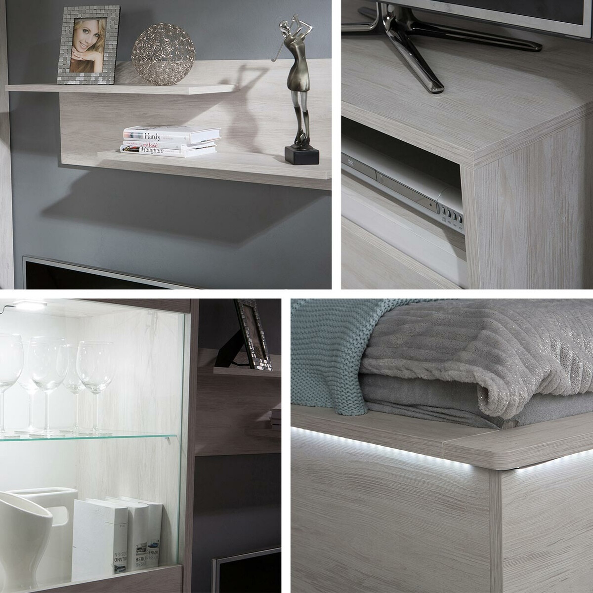 Svetainės komplektas Fivelbo 115 (Balintas ąžuolas + Blizgi balta)