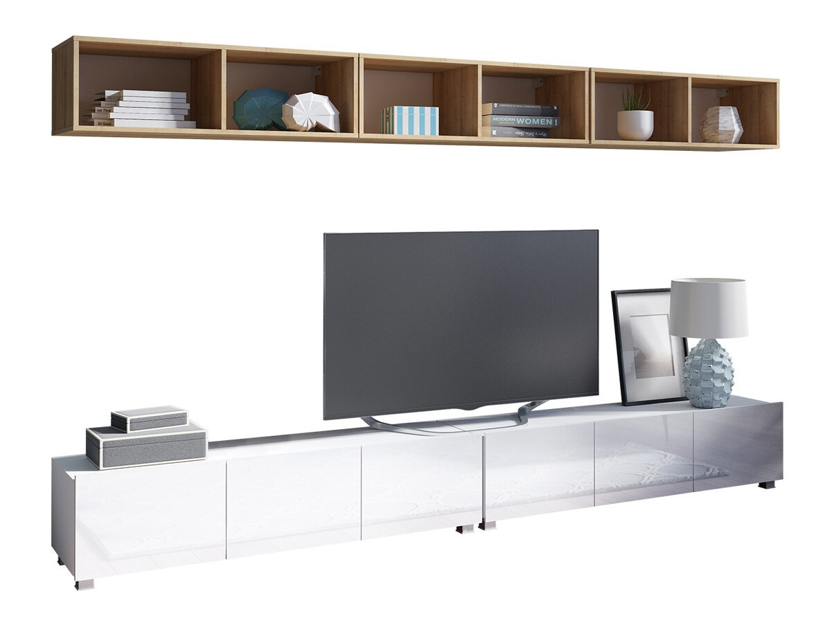 Svetainės komplektas Remus XXXIII (Balta + Blizgi balta + Auksinis ąžuolas)