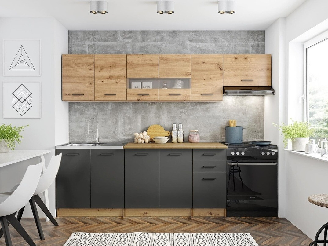 Virtuvės komplektas Houston 1182 (Artisan ąžuolas + Matinė pilka + Votan ąžuolas)