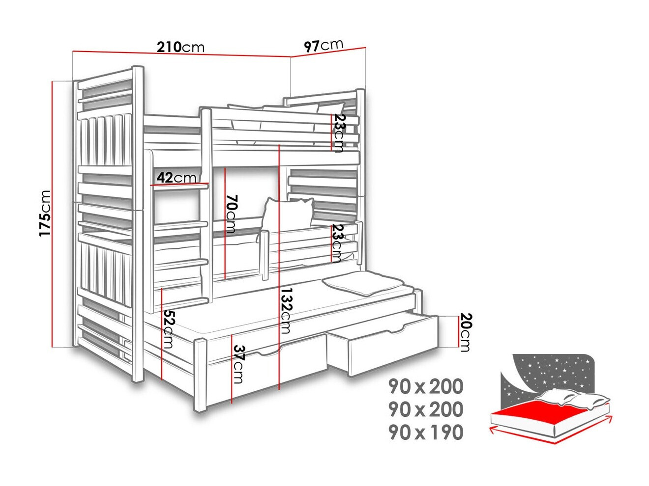 Dviaukštė lova Henderson 124 (Grafitas + Pilka)