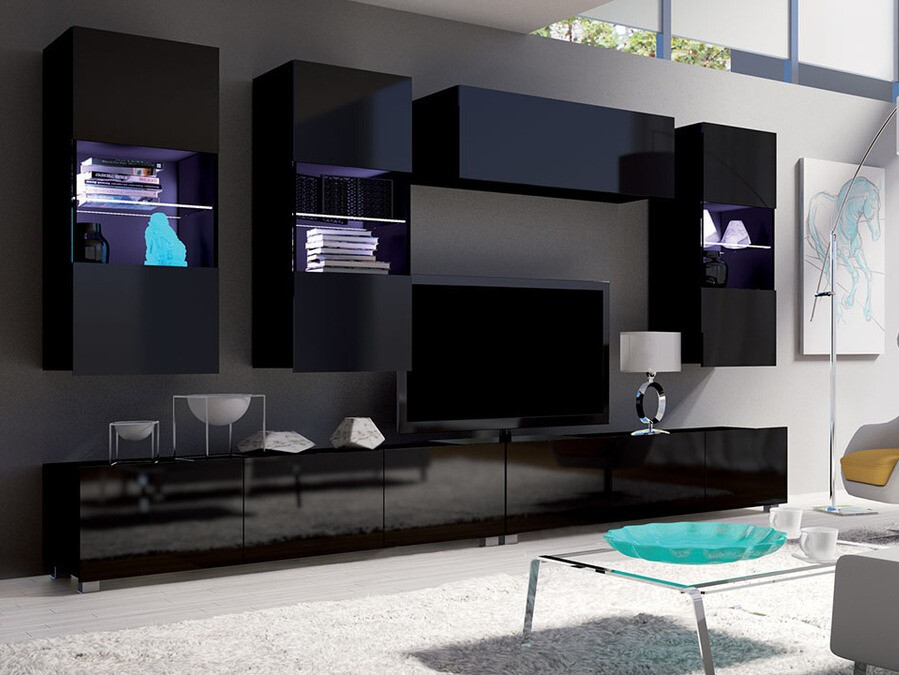 Svetainės komplektas Remus V (Juoda + Blizgi juoda)