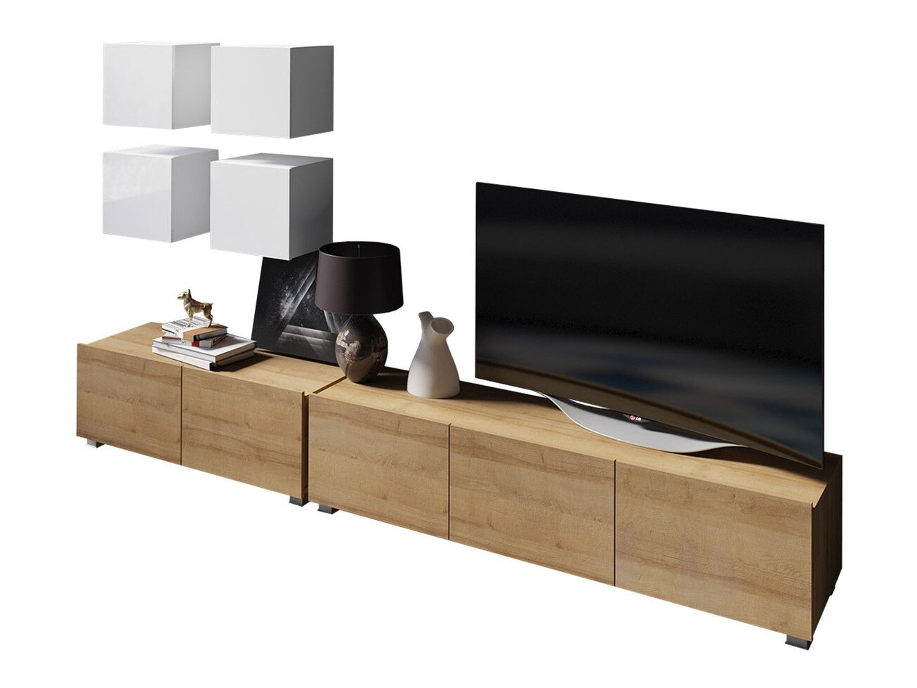 Svetainės komplektas Remus XVIII (Auksinis ąžuolas + Balta + Blizgi balta)