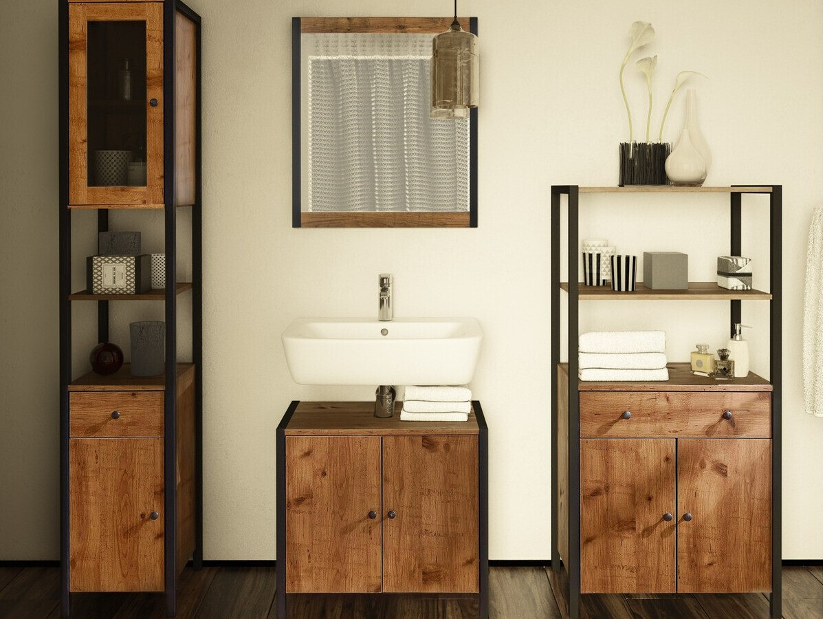 Pastatoma vonios spintelė Larnovo 110 (Tamsus ąžuolas + Juoda)