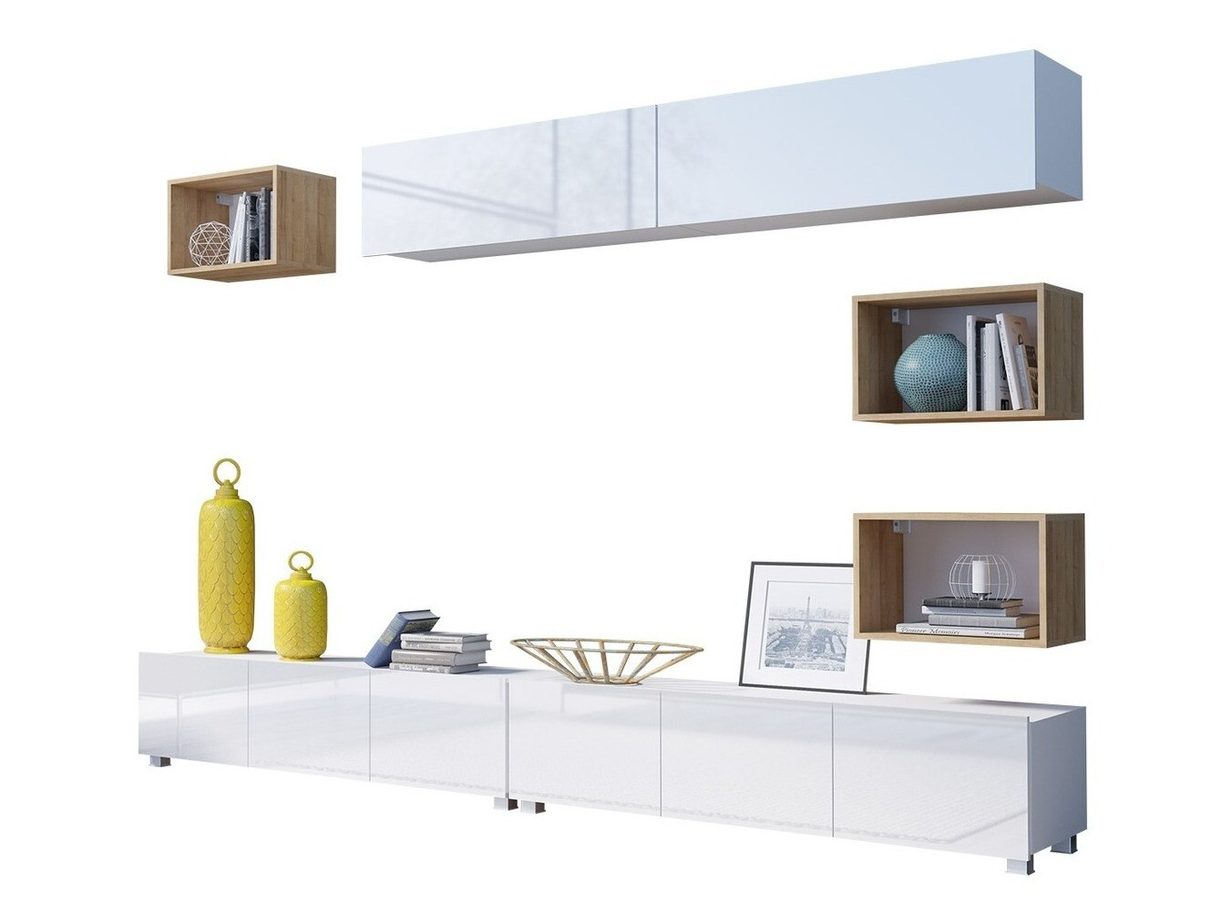 Svetainės komplektas Remus XXXI (Balta + Blizgi balta + Auksinis ąžuolas)