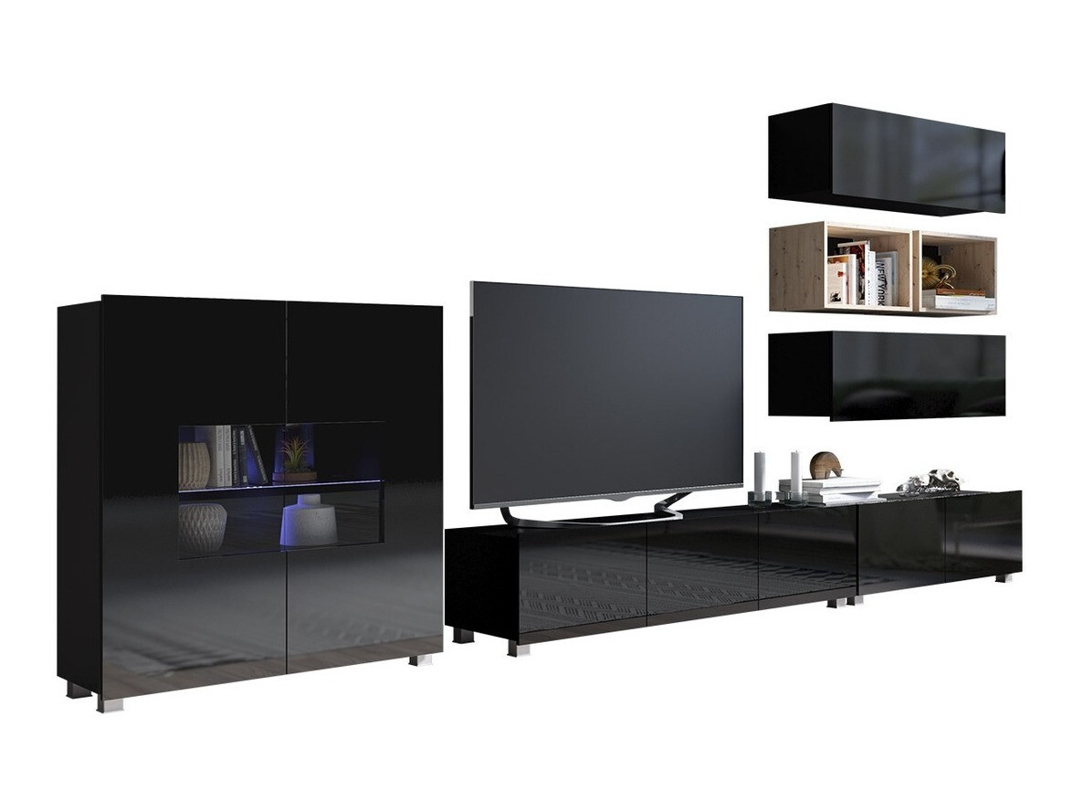 Svetainės komplektas Tivdalu 148 (Juoda + Blizgi juoda + Artisan ąžuolas)