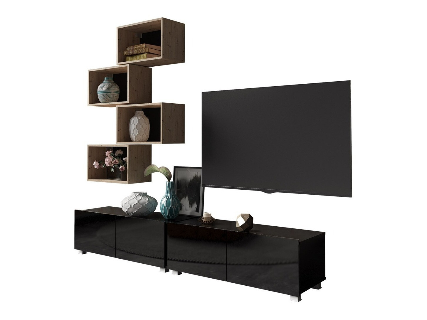 Svetainės komplektas Tivdalu 150 (Juoda + Blizgi juoda + Artisan ąžuolas)