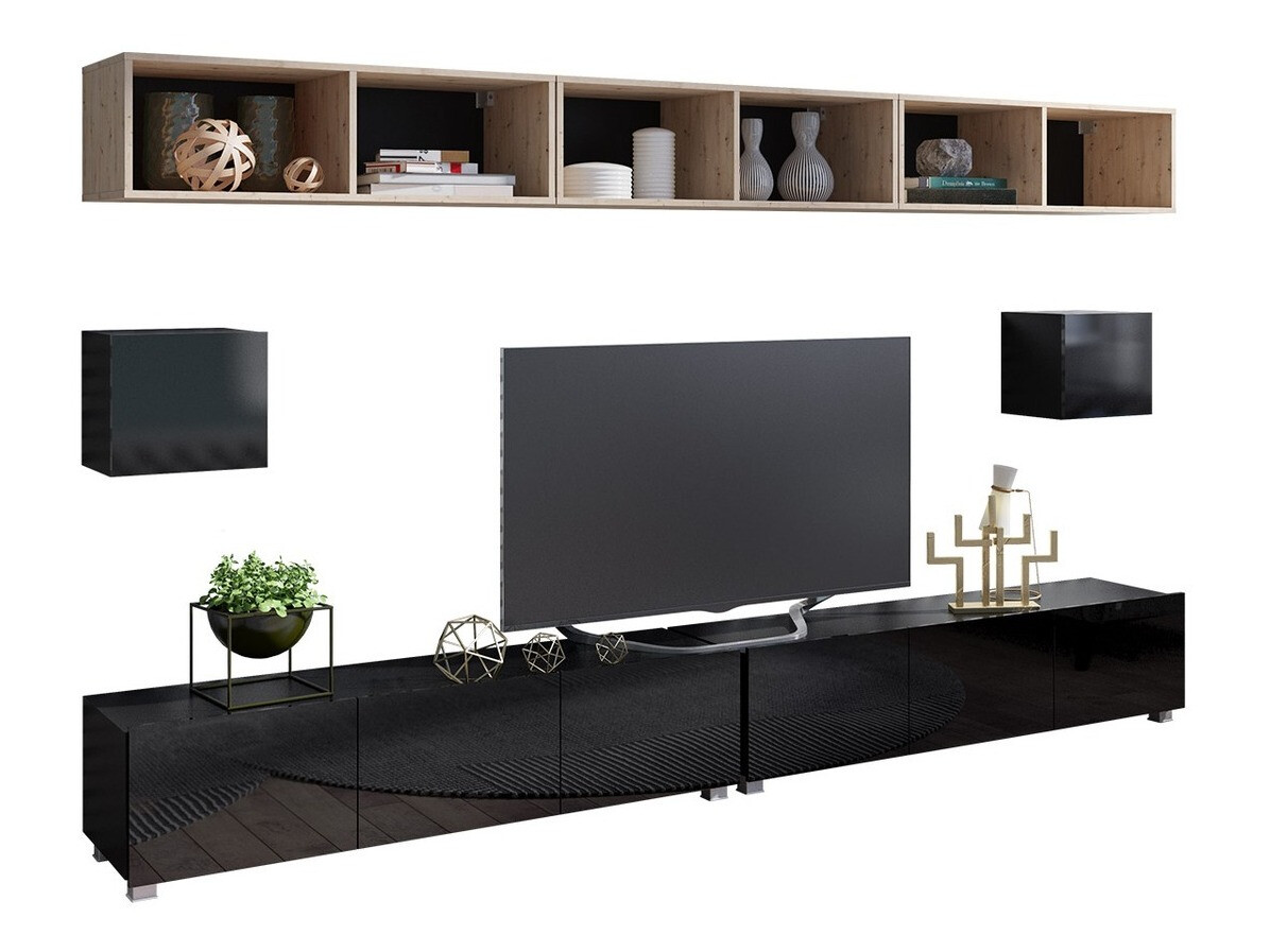 Svetainės komplektas Tivdalu 154 (Juoda + Blizgi juoda + Artisan ąžuolas)