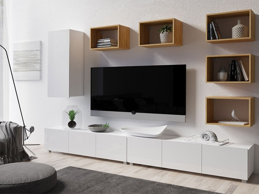 Svetainės komplektas Tivdalu 157 (Balta + Blizgi balta + Auksinis ąžuolas)