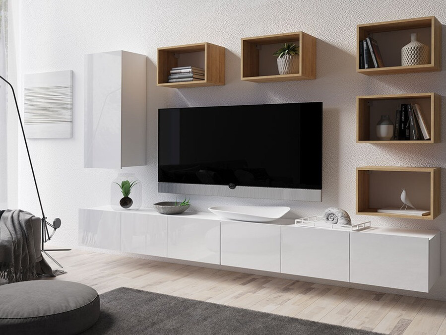 Svetainės komplektas Tivdalu 157 (Balta + Blizgi balta + Auksinis ąžuolas)