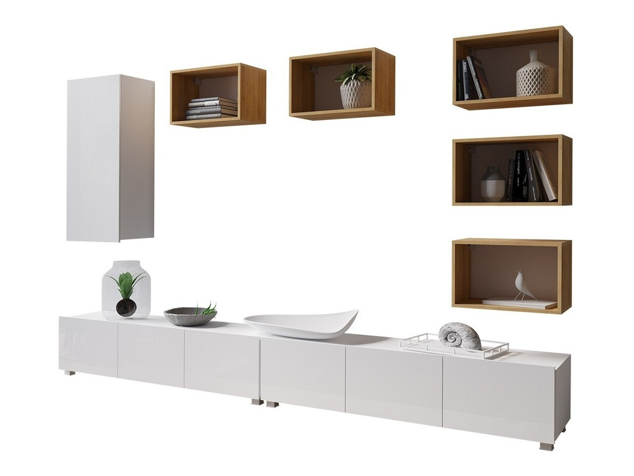 Svetainės komplektas Tivdalu 157 (Balta + Blizgi balta + Auksinis ąžuolas)