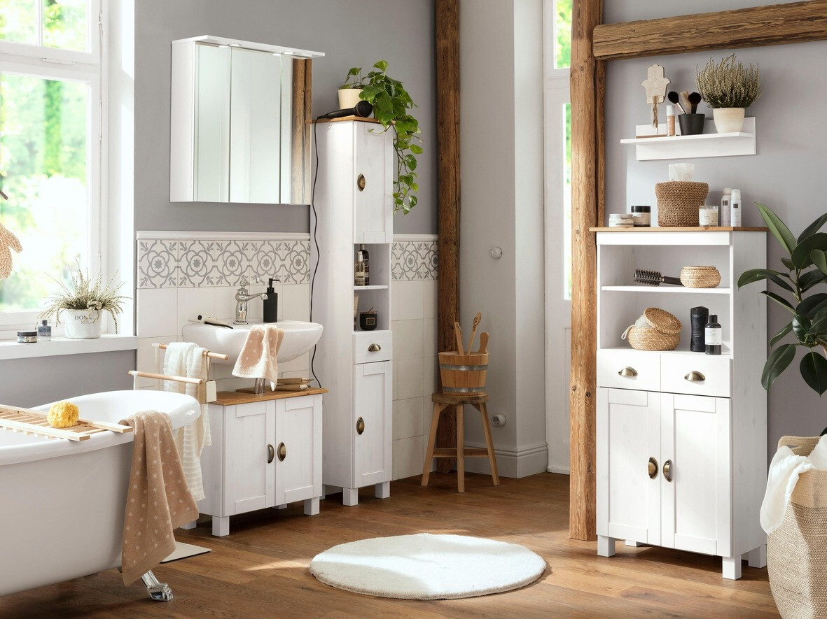 Pastatoma vonios spintelė Serelbu 105 (Balta + Šviesi ruda)