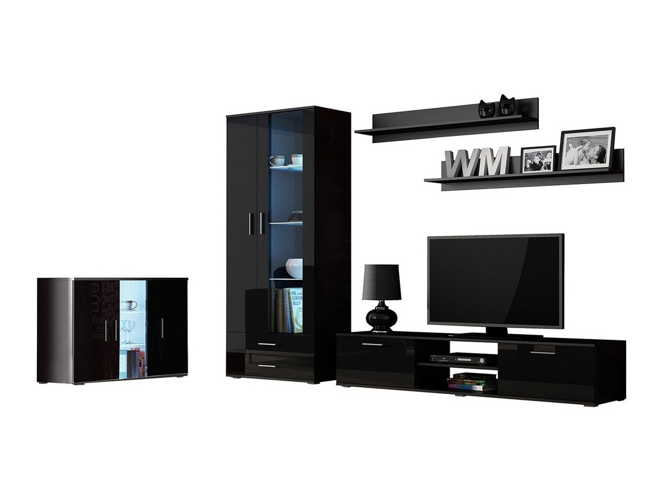 Svetainės komplektas Tornola 116 (Juoda + Blizgi juoda)