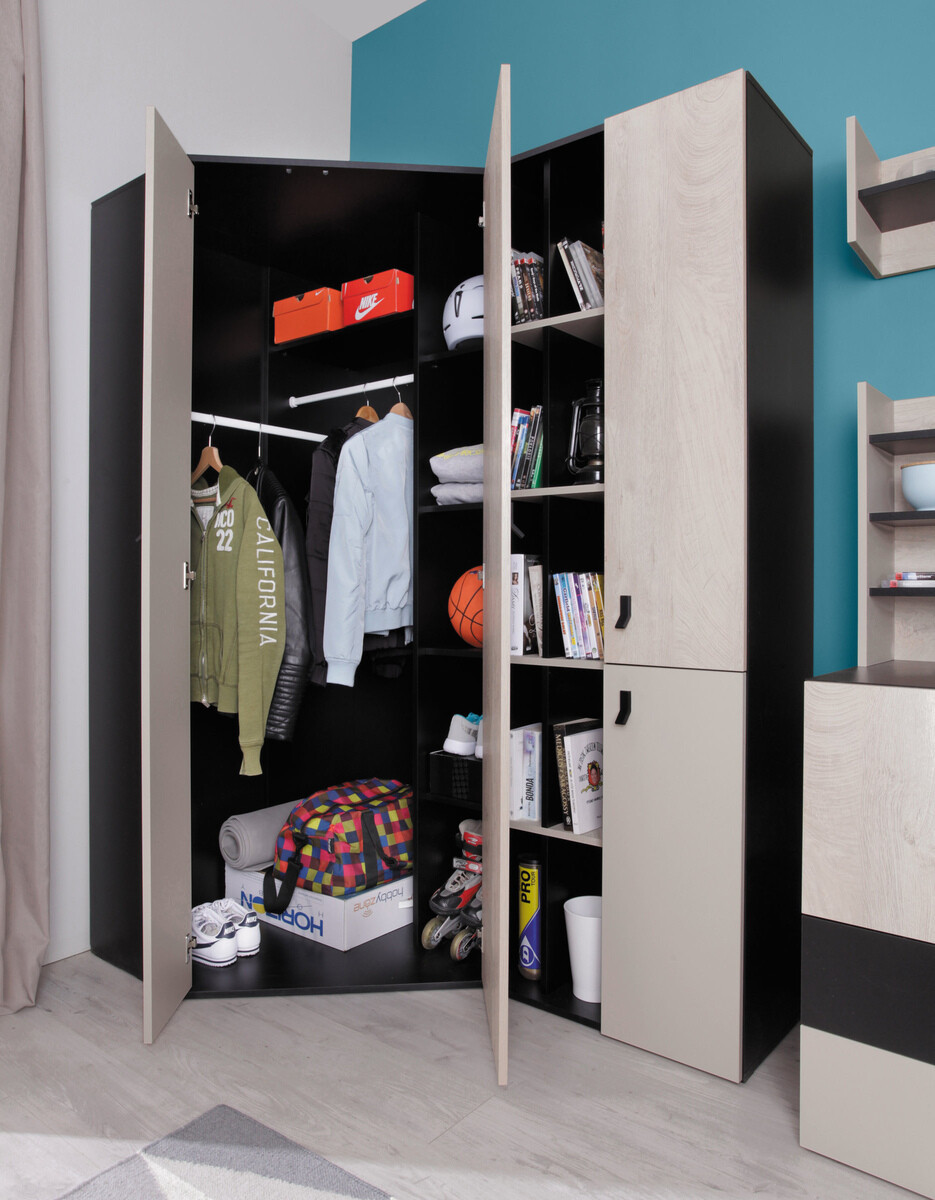 Kampinė spinta Camteso 100 (Juoda + Ąžuolas + Beige)