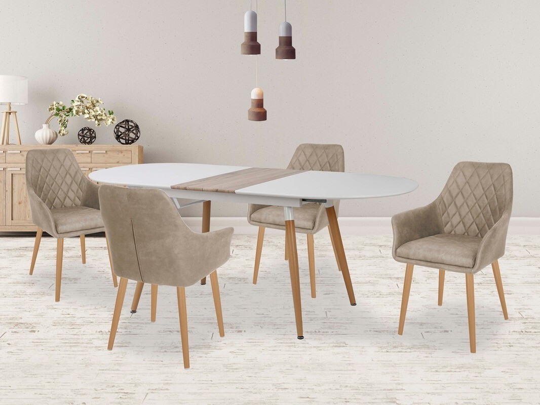 Svetainės valgomojo komplektai su baltu stalu