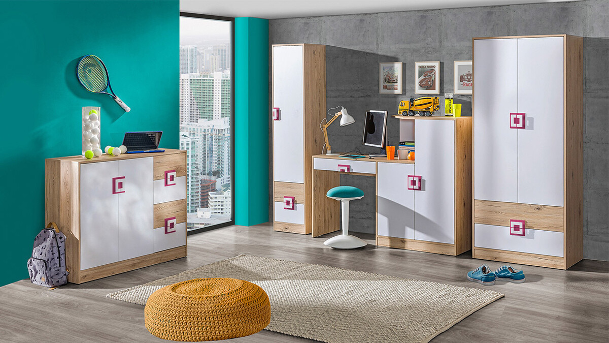 Komoda Balvire 100 (Šviesus ąžuolas + Balta + Pilka)