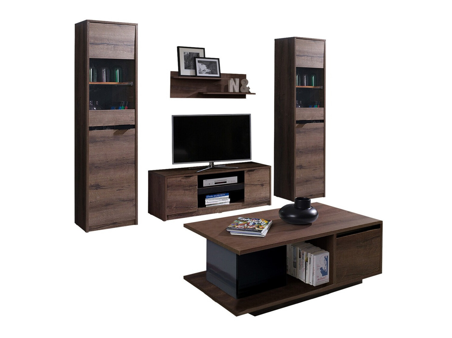 Svetainės komplektas Fivelbo 114 (Monastery ąžuolas + Blizgi juoda)