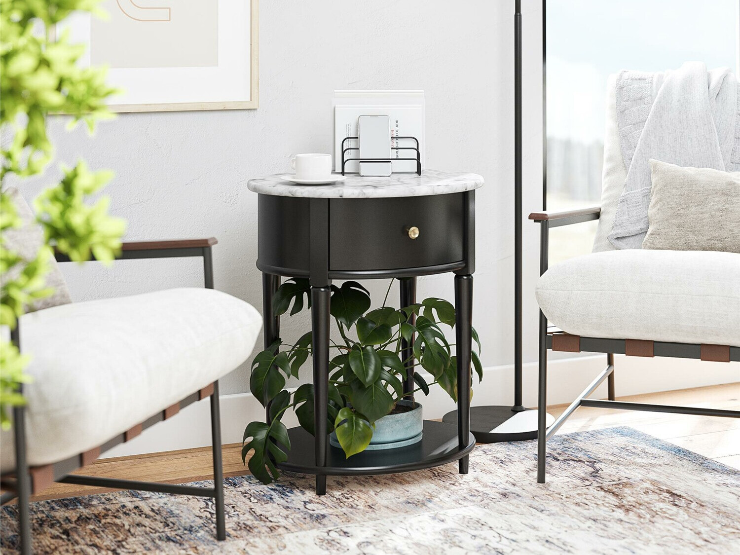 Šoninis staliukas Tulsa 233 (Juoda + Baltas marmuras)