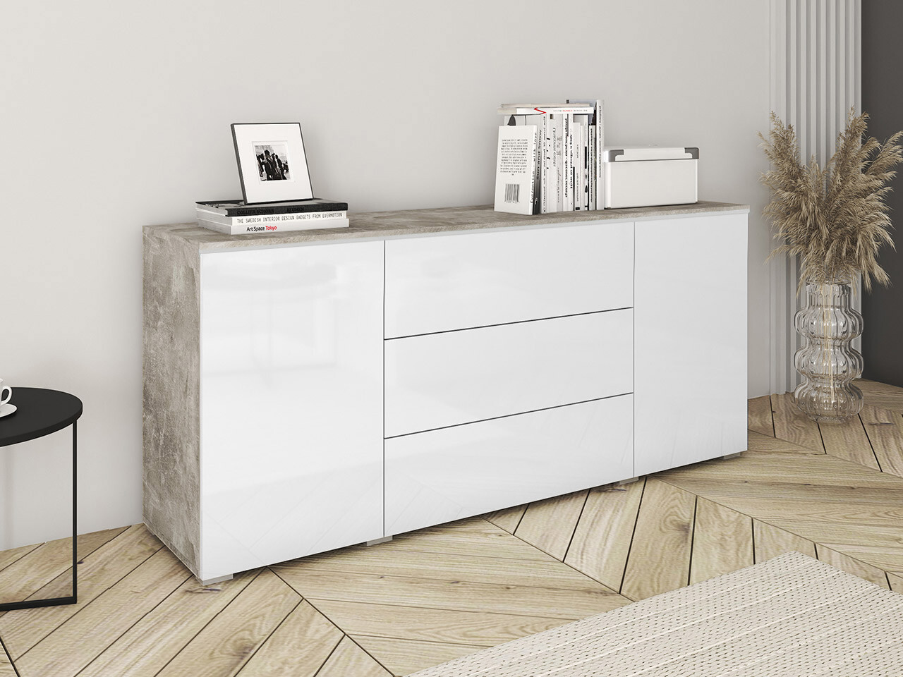 Komoda Mirfivo 102 (Betonas + Blizgi balta)