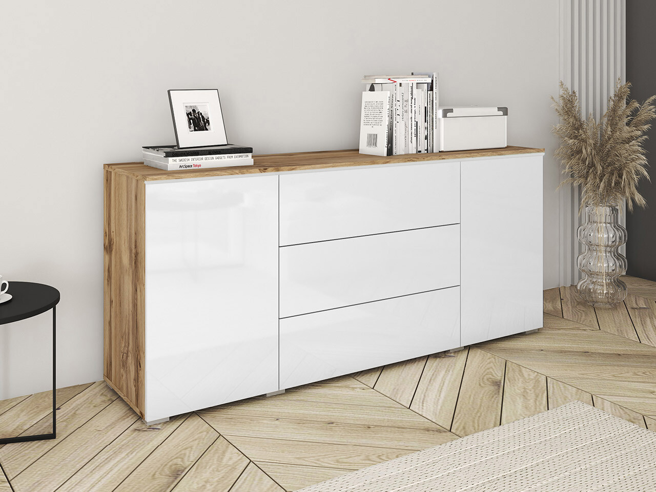 Komoda Sarasota 142 (Votan ąžuolas + Blizgi balta)