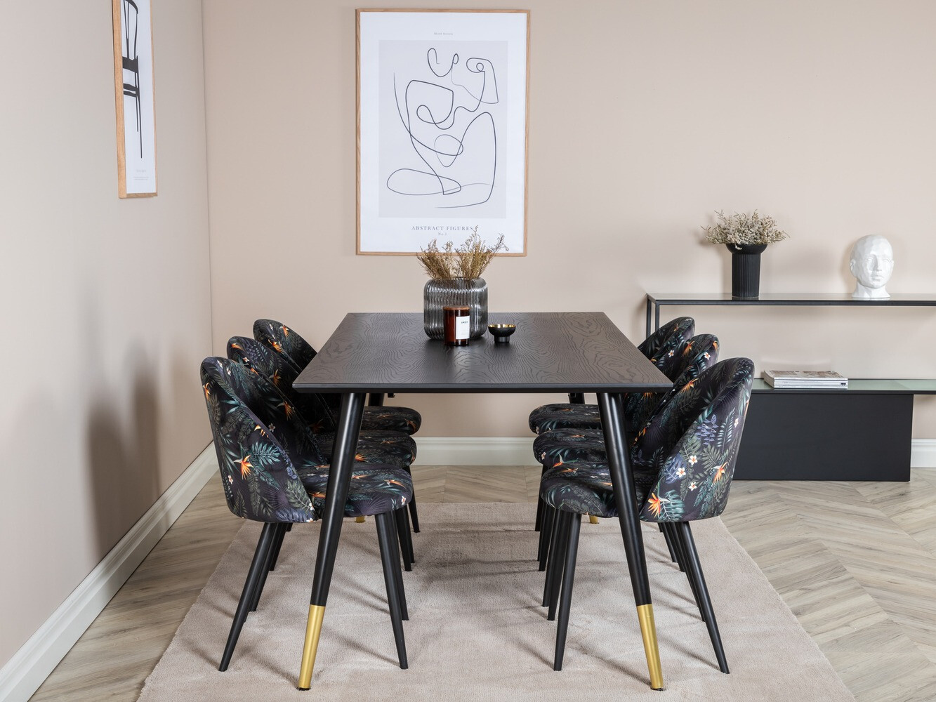 Valgomojo komplektas Dallas 1876 (Gėlių raštas + Juoda)