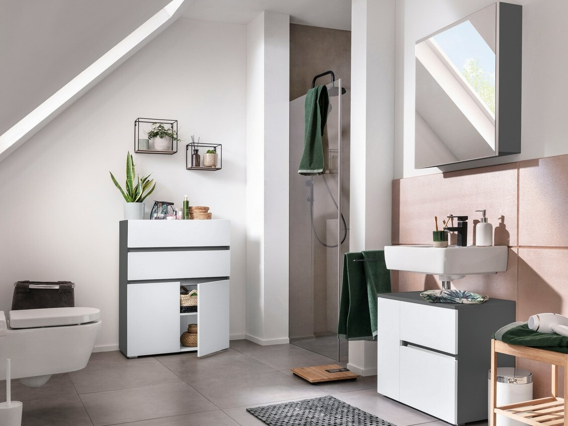 Pastatoma vonios spintelė praustuvui Soncamu 108 (Balta + Antracitas)